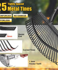 Close-up of 25 steel tines on Beast Heavy Duty Metal Garden Leaf Rake 18 Inch Wide Head With 65 Inch Adjustable Handle.