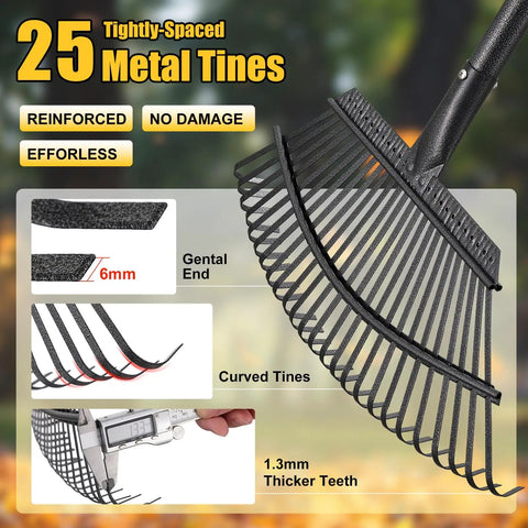 Close-up of 25 steel tines on Beast Heavy Duty Metal Garden Leaf Rake 18 Inch Wide Head With 65 Inch Adjustable Handle.