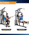 Multifunction Steel Home Gym System With 150 Pound Weight Stack showing preacher curl pad and leg developer features.