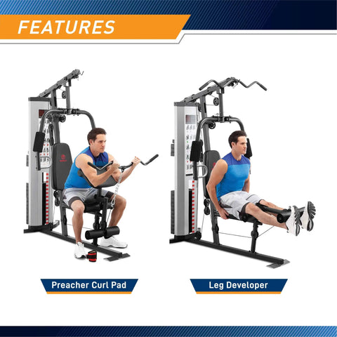 Multifunction Steel Home Gym System With 150 Pound Weight Stack showing preacher curl pad and leg developer features.