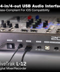 LiveTrak L12 Mixer Multitrack Recorder showcasing its USB and power connections, visible knobs and controls for musicians and podcasters.