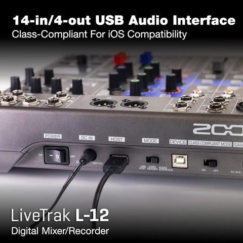 LiveTrak L12 Mixer Multitrack Recorder showcasing its USB and power connections, visible knobs and controls for musicians and podcasters.