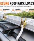 4 Pack Heavy Duty 1 Inch By 10 Foot Endless Ratchet Tie Down Straps Locked In Tough For Secure Hauling With 2500 Pounds Breaking Strength And No Slip Grip securing roof rack loads with white straps.