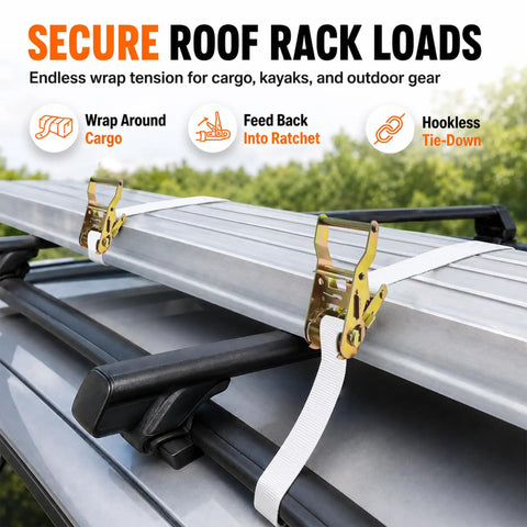 4 Pack Heavy Duty 1 Inch By 10 Foot Endless Ratchet Tie Down Straps Locked In Tough For Secure Hauling With 2500 Pounds Breaking Strength And No Slip Grip securing roof rack loads with white straps.