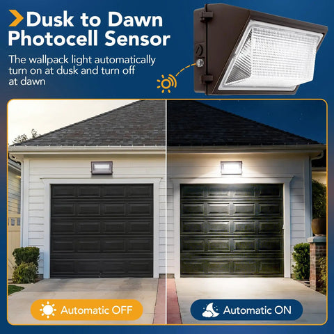Ultra Bright 100W LED Wall Pack Dusk To Dawn Outdoor Security Lighting 13000 Lumens 5000K illuminating a garage at night