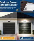 Side-by-side image showing the Beefed Up Bright 120W LED Wall Pack Dusk To Dawn Security Light for outdoor use on a garage at night.