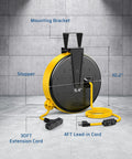 30 Foot Retractable Extension Cord Reel With Ceiling Or Wall Mount Sixteen Gauge Three Conductor SJTW Power Cord Three Outlets 10 Amp Breaker Metal Plate UL Listed For Garage And Shop