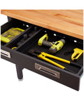 Drawer of UltraHD Heavy Duty Lighted Work Center with tools, solid wood top, graphite steel frame, 500 lb capacity, 48x24x65.5 inches