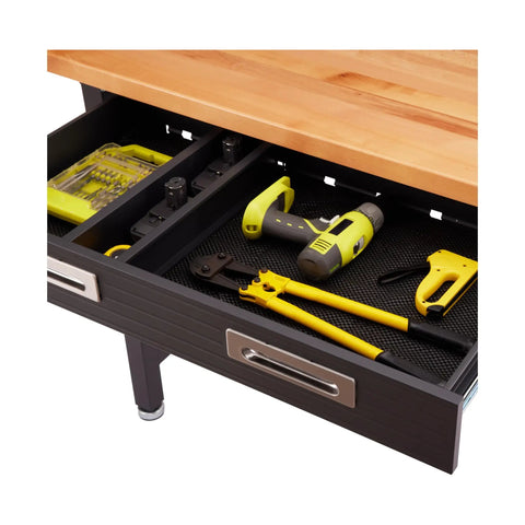 Drawer of UltraHD Heavy Duty Lighted Work Center with tools, solid wood top, graphite steel frame, 500 lb capacity, 48x24x65.5 inches