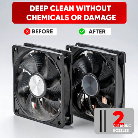 Before and after of fan cleaned with Heavy Duty Beast Rechargeable Air Duster Cordless Cleaner With 220 Plus MPH Blast Replaces 25 Cans Of Canned Air Per Charge, 15 Minute Run Time, Over 1,000 Cycles, Zero Chemical Risk, Sustainable Pro Alternative, Made In USA, Green