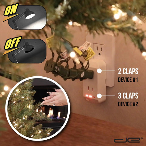 Clap Control Dual Outlet Wall Plug With Noise Sensor installed near holiday lights, showing clap commands for device activation.