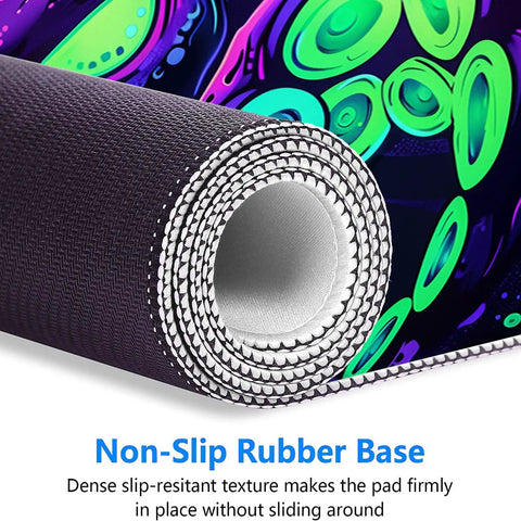 Rolled Neon Cthulhu Monster Extended Desk Pad For Gaming And Work, Extra Large 31.5 by 11.8 Inches, rubber non-slip base.