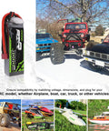 3S 11V 3000mAh LiPo Battery 50C with Dean Style T Connector for RC planes, helicopters, quadcopters, cars, and boats, shown with vehicles