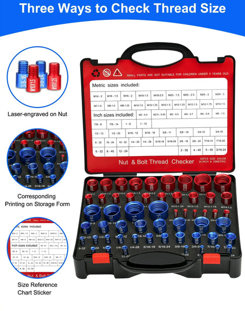 55 Piece Pro Grade Thread Checker Kit With Bolt Size Gauge And Nut And Bolt Measuring Tool, 25 Metric And 30 Standard in case