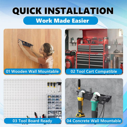 Installation of Angle Grinder Holder Wall Mount With Two Bay Storage Rack on various surfaces