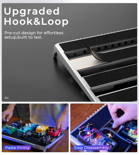 Guitar Pedalboard With Isolated Power Supply, PD-M Aluminum One-Piece bent frame close-up with upgraded hook and loop design.