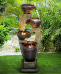 40 Inch Tall Outdoor Water Fountain With 4 Tier Crocks And LED Lights, Premium Resin And Fiberglass Construction, garden setting