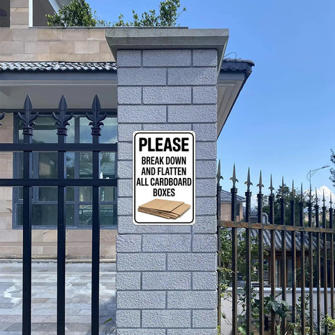 Metal Cardboard Recycle Sign 8 By 12 Inches Tough As Nails Heavy Duty All Weather Outdoor Indoor Durable Black And White Design Waterproof UV Resistant Dust Proof For Home And Shop Use mounted on brick pillar
