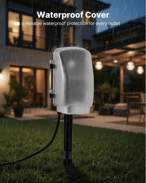 Outdoor Power Stake With Weatherproof Cover And Overload Protection No Fuss 50 Ft Extension Cord Six Outlets 15A 1875W Waterproof Power Strip For Halloween And Christmas Lights And Other Outdoor Gadgets. Weatherproof cover on stake in rain
