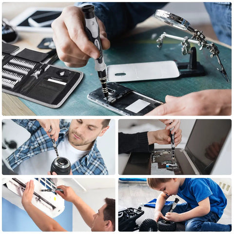 Using a 142 Piece Precision Screwdriver Set Magnetic Tool Kit for PC, laptop, camera, air conditioner, and toy repairs.