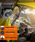 20000mAh Battery Powered Camping Fan With 58 Hours Of Runtime 400 Lumen Light hanging in tent with waterfall background