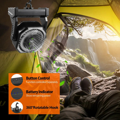 20000mAh Battery Powered Camping Fan With 58 Hours Of Runtime 400 Lumen Light hanging in tent with waterfall background