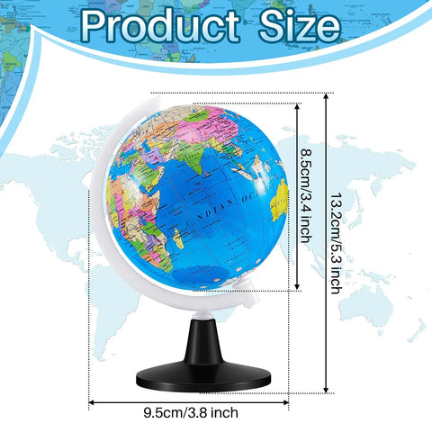 Six 3.4 Inch World Globes Set For Kids And Adults Educational Mini Desk Globes with size dimensions displayed