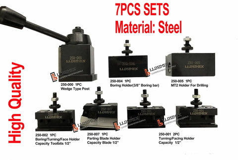 7 Piece Wedge Type Quick Change Tool Post Set For Mini Lathe Up To 9 Inches OXA Tool Post Compatible No Shim Needed Built In Quick Change System Includes No 1 Two Pieces No 2 No 4 No 5 No 7 Tool Holders on white background.