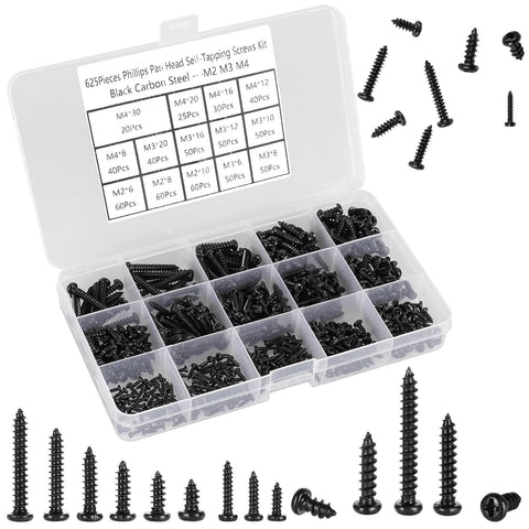 625 Piece Self Tapping Wood Screw Kit With 14 Sizes M2 M3 M4 Phillips Pan Head For Wood Plastic And Soft Metal Carbon Steel