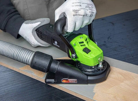 Heavy Duty Tungsten Carbide Milling Disc For EOF 100 Paint Remover in use on wood surface with vacuum shroud, Made In Germany