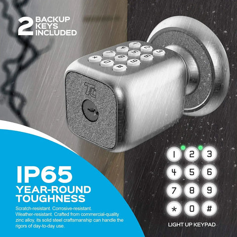 Multi Function Electronic Door Knob With Lock And Key Plus Keyless Keypad For Disguised Passcode Entry Model TL 111 In Brushed Nickel
