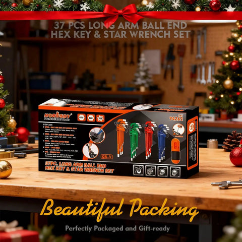 37-Piece Hex Key Set With Ball End Long Arm For SAE And Metric Allen Wrenches box on festive workbench