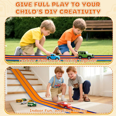 Kids playing with 15 Foot Flexible Race Track For Kids That Converts Any Surface Into A Crazy Fast Play Space indoors and outdoors