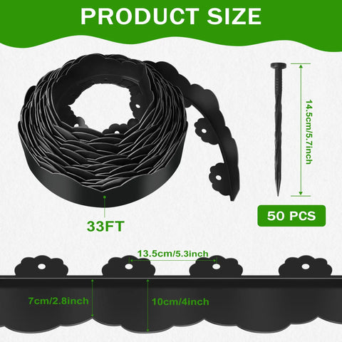 Durable 33 Ft No Dig Landscape Edging Border With 50 Spikes 4 Inch Tall Plastic Lawn Edging For Yard Pathways And Flower Beds Black Cloud Shaped Design Easy Install showing product size and details on images, including measurements and included spikes