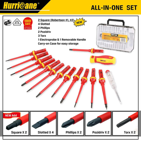1000V Insulated Electrician Screwdriver Set, 15 Piece Pro Kit With Interchangeable Bits, Magnetic CRV Tips displayed in case