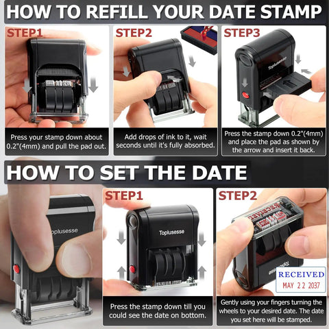 Instructions for refilling and setting Self Inking Date Stamp With Signature Personalize Custom Date Stamp For Office Use