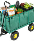 4-In-1 Steel Utility Cart with 880 lb Capacity, loaded with gardening supplies, showing mesh wagon mode and 10 inch all-terrain tires