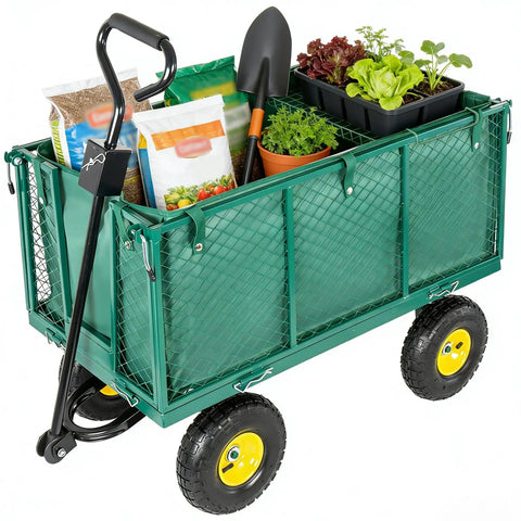 4-In-1 Steel Utility Cart with 880 lb Capacity, loaded with gardening supplies, showing mesh wagon mode and 10 inch all-terrain tires