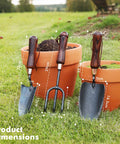 3-In-1 Heavy Duty Garden Tools Kit with Carbon Steel Trowel, Transplanter, Cultivator; shown with dimensions in pots.