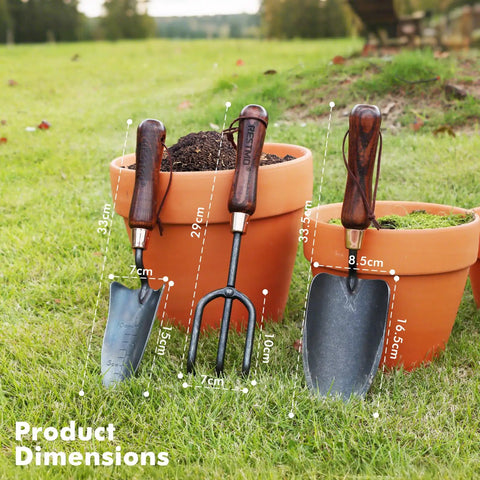 3-In-1 Heavy Duty Garden Tools Kit with Carbon Steel Trowel, Transplanter, Cultivator; shown with dimensions in pots.