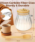 Refillable Sugar Jar With Bamboo Lid And Spoon, 15 Oz Glass Canister For Coffee Bar Decor with dimensions and details.