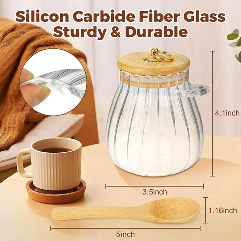 Refillable Sugar Jar With Bamboo Lid And Spoon, 15 Oz Glass Canister For Coffee Bar Decor with dimensions and details.