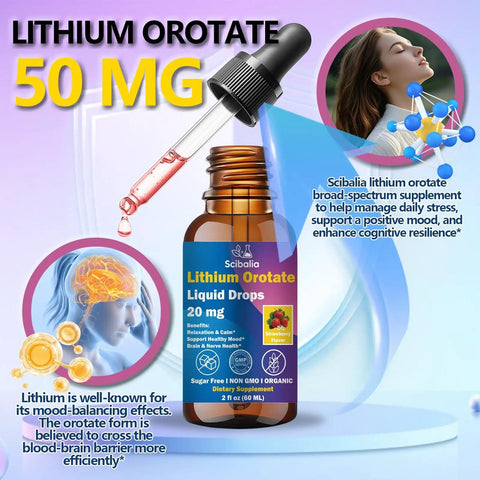 Lithium Orotate Liquid Drops 20mg 11 In 1 Mood Boost Formula with NAC Magnesium Ashwagandha L Theanine Vitamin D3 B6 B12 bottle.