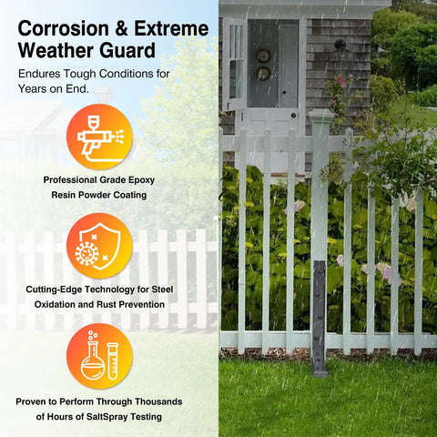 No Nonsense Heavy Duty Fence Post Repair Kit 2 Pack Steel Ground Spike Anchors, black stake supporting white fence in garden