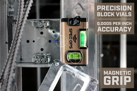 Pocket Sized Level For Framing And Layout Magnetic Four Inch Tool with Precision Block Vials and Magnetic Grip on metal frame.
