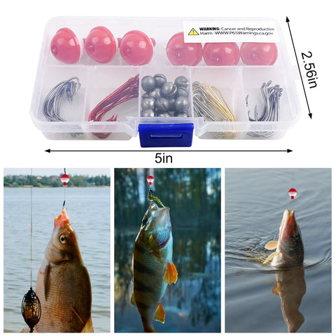 80 Piece Beginner Fishing Tackle Kit With Bobbers Hooks Sinkers And Weights In A Handy Portable Tackle Box displayed with fish caught using kit