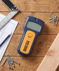 Fafeicy Stud Finder Wall Scanner with LCD Display for Live Wire Detection placed on a wooden surface with tools.