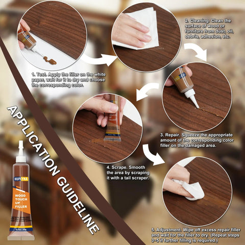 Your Solid Wood Furniture Repair Kit Packed With Twelve Rich Colors Of Tough Touch Up Filler To Easily Hide Scratches And Dings For Quick Laminate And Hardwood Fixes In Zero Time No Sweat application guide with detailed steps for use.
