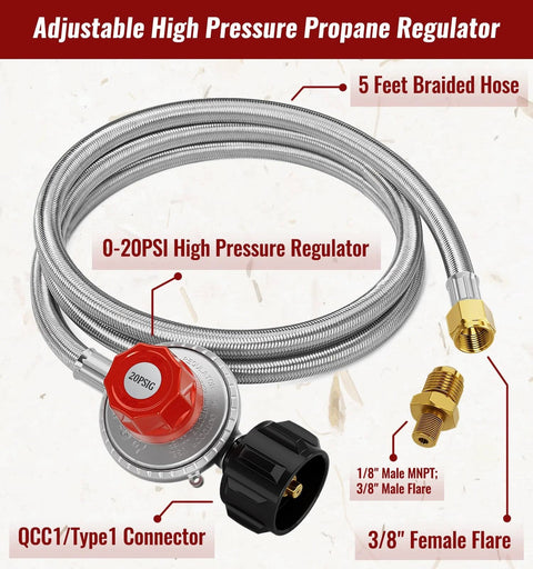 Front view of CALPOSE 5ft braided propane regulator hose with red 0-20 PSI knob and QCC1 connector