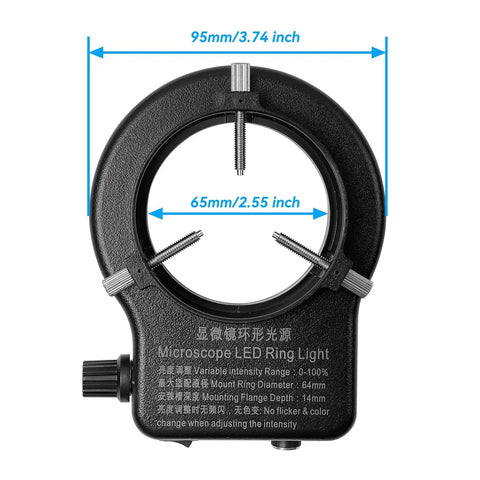 USB LED Ring Light Illuminator With 144 LEDs White Adjustable Brightness From 0 To 100 Percent Shadow Free USB Powered Lighting For Industry Micro And Stereo Microscopes Monocular Binocular Trinocular Lenses Fits Cameras. 95mm outer, 65mm inner black ring
